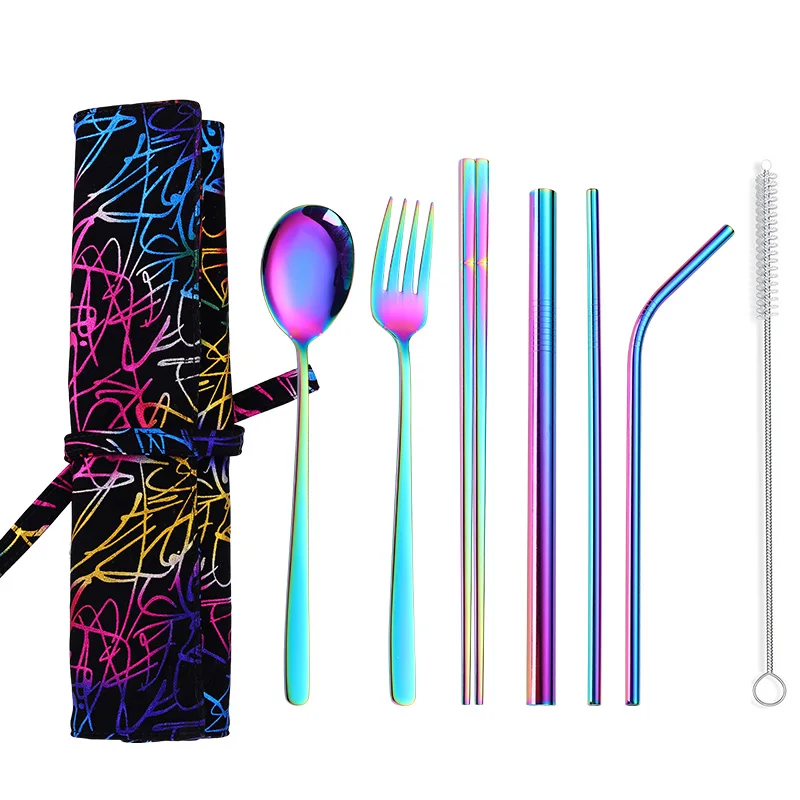 

Portable Multicolor Stainless Steel Cutlery Set Metal Flatware Drinking Straw Set Cutlery Spoon Chopstick Set with Bag, Silver/gold/rose gold/multicolor/black/blue