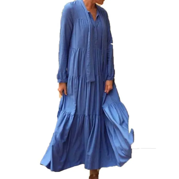 

2020 Autumn and Winter Cotton and Linen Retro Casual Long-sleeved V-neck Tie Dress Elegant Temperament Lace-up Female Dress, Black,blue,brown