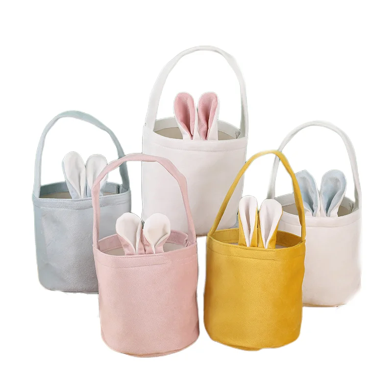 

Hot Sale Pink Blue Easter Bunny Handbag Rabbit Ear Basket Party Gift Box Packaging Egg Candy Cotton Gift Bags for Kids Party