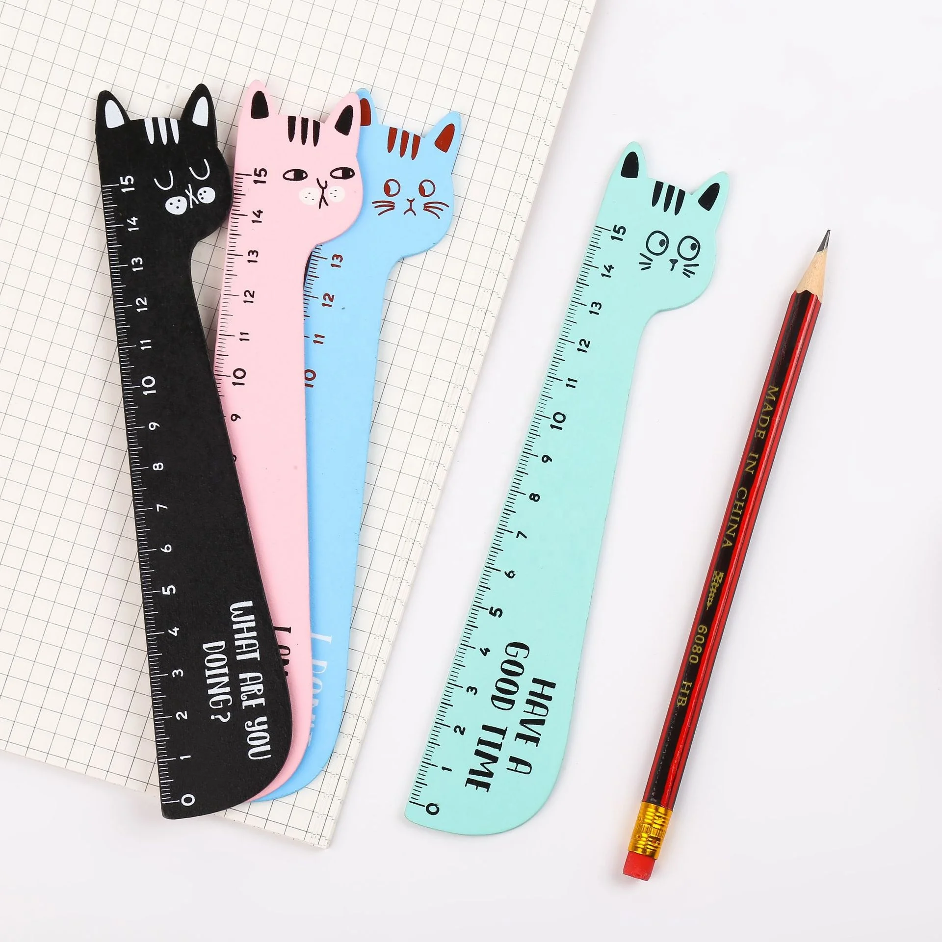 

School kids gifts cartoon creative cute cat shape wooden ruler 15cm