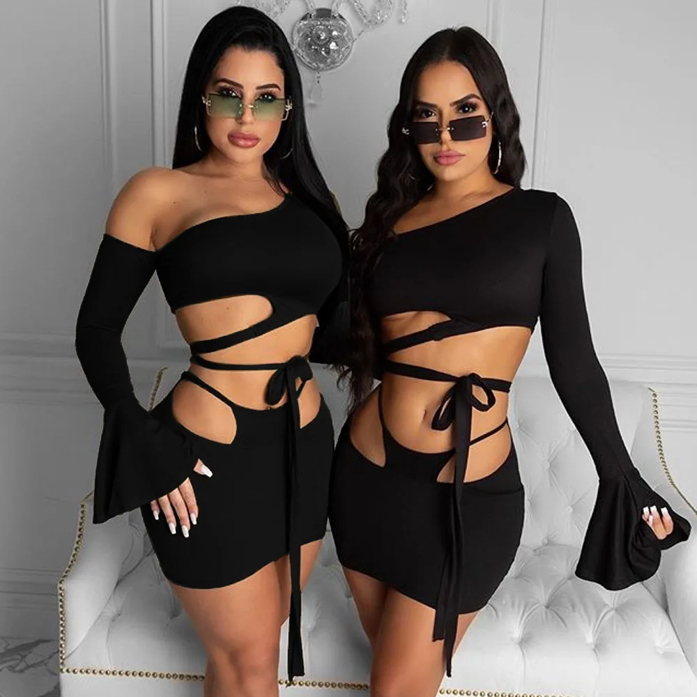 

2021 Latest Design Women Sexy Off Shoulder Flare Sleeve Lace Up 2 Piece Set Mini Skirt