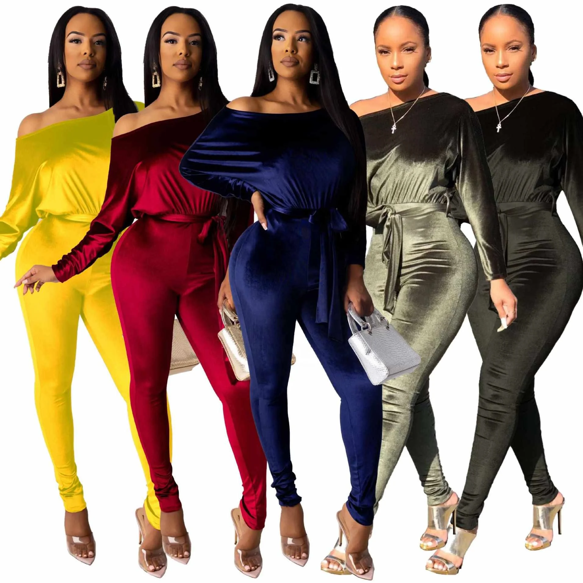 

SHH8089 With Belt 2021 New Women Velvet Elastic One-Word Shoulder Bat Sleeve Jumpsuit, 5 colors