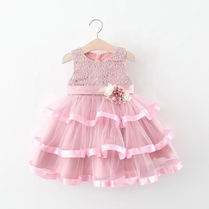 

B52130A Children fashion summer clothing little girls sweet patchwork layered dress, White/pink