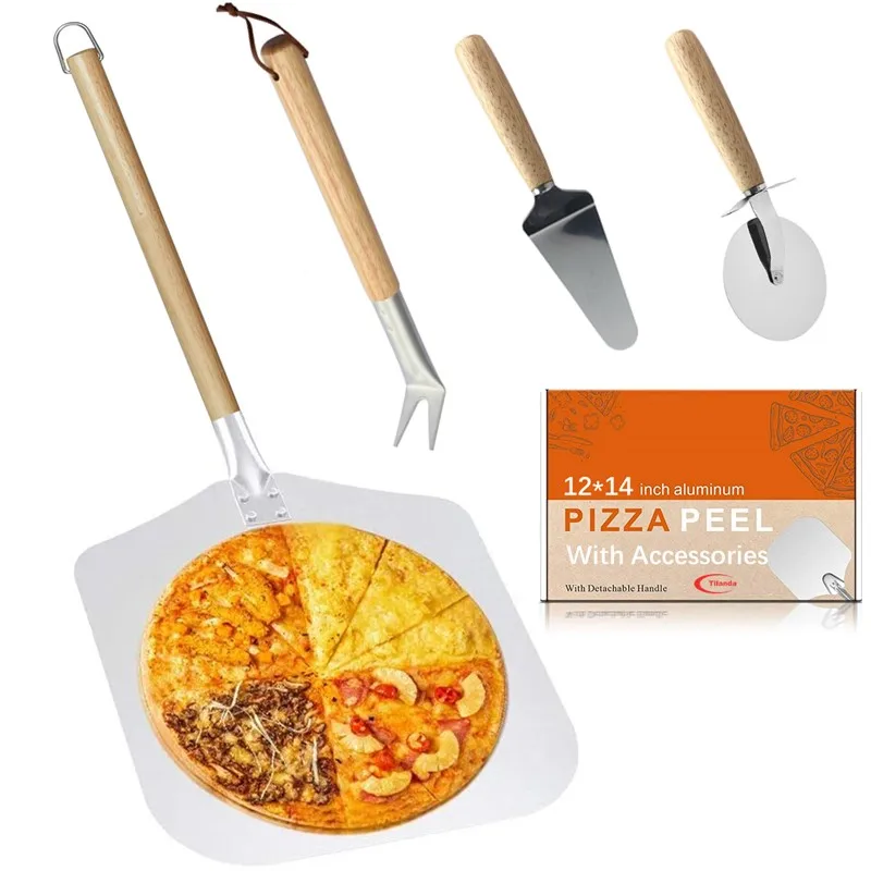 

Hot Sale Kitchen Accessories Detachable Removable Aluminum Metal Pizza Shovel Paddle Peel Set With Wooden Handle, Sliver