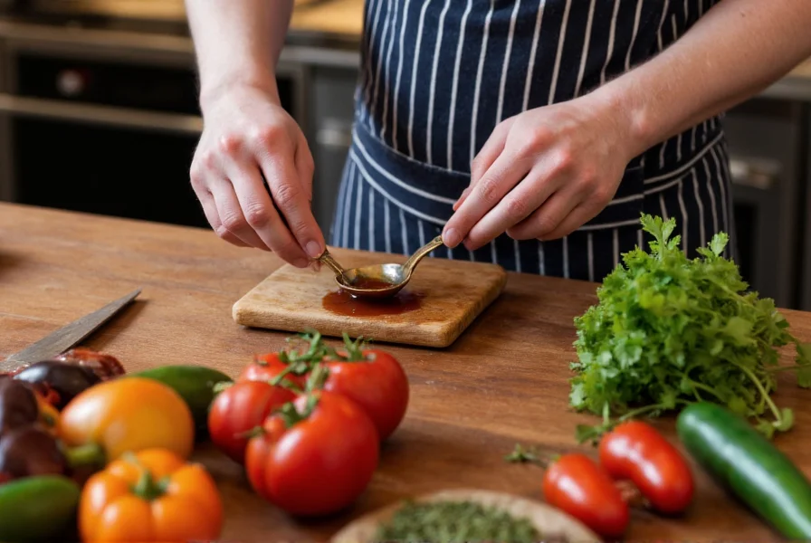 Artisan preparing small batch hot sauce in kitchen with fresh ingredients