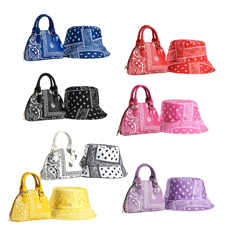 

2021 Fashion Paisley Red Bandana Tote Bag and Matching Cap Cashew Flower Print Bucket Hat and Purse Set, 9 colors