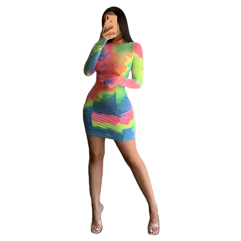 

2020 Autumn Trending Clothing Long Sleeve Bodycon Sexy Tie Dye Dress Women, Tie dye color