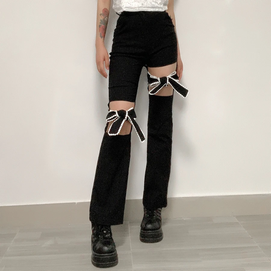 

Nibber K21P01134 Y2K Cut Hole Womens High Waist Pants Indie Casual Streetwear Elegant Straight Trousers Factory Wholesale Custom, Black