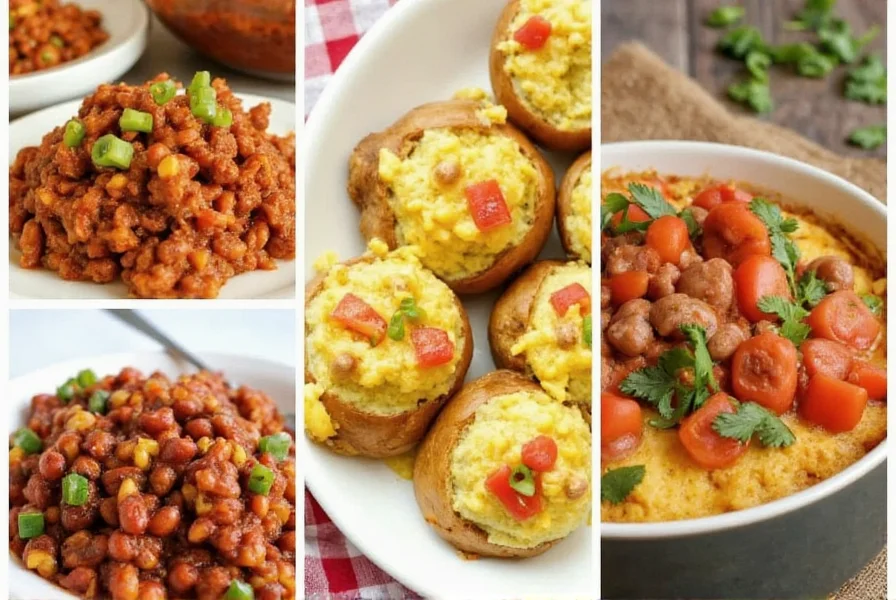 Leftover chili transformed into multiple dishes including chili mac, stuffed potatoes, and cornbread bake