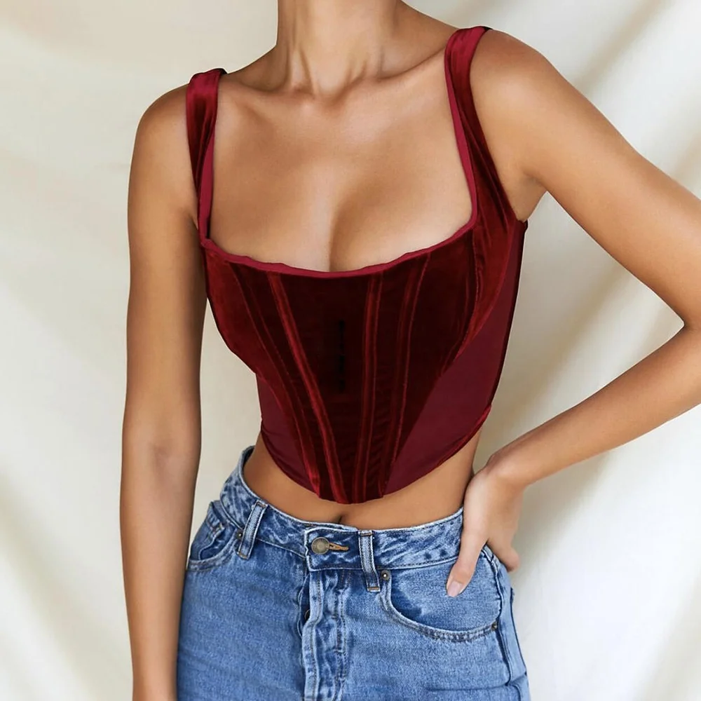 

2021 women clothing summer hot sale tank top velet high quality crop top vest sleevelss square collar top women, White/green/black