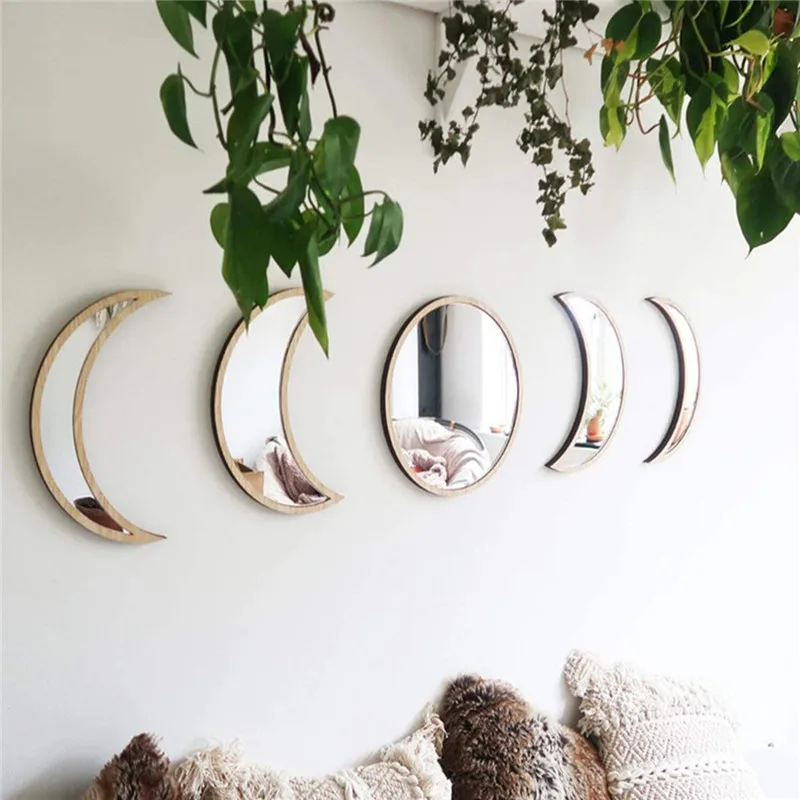 

5 PCS Wooden Acrylic Moon Cycle Variation Decorative Wall Creative Bohemian Mirror