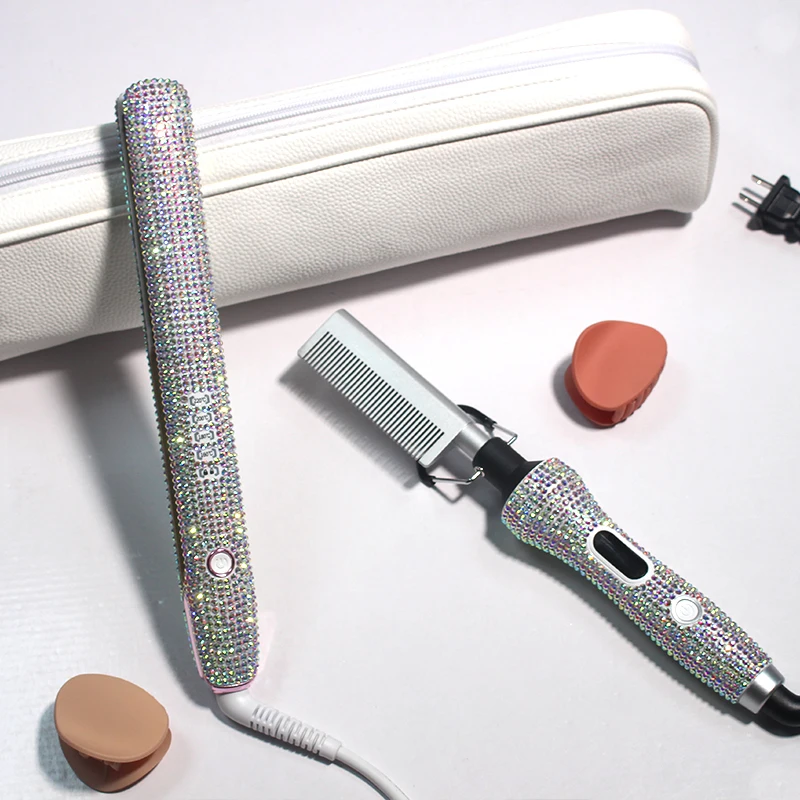 

Professional Manufacturers Ceramic Curve Electric 8.00 Tempature Control Glitter Bling Flat Iron Brush And Hot Comb, Black/customized