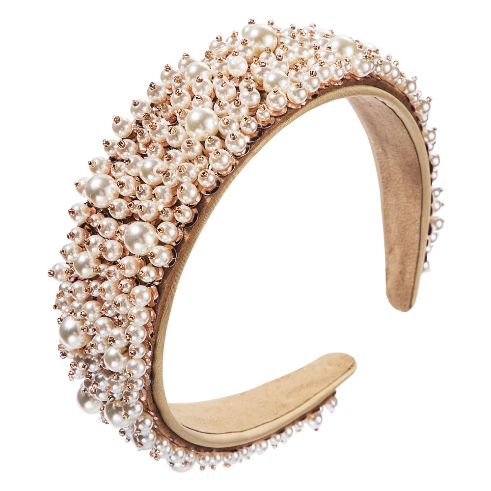 

Baroque Women Hair Accessories Pearls Beads Headbands High Quality Full Pearl Padded Hair Hoop Bridal Tiara Wedding Headbands