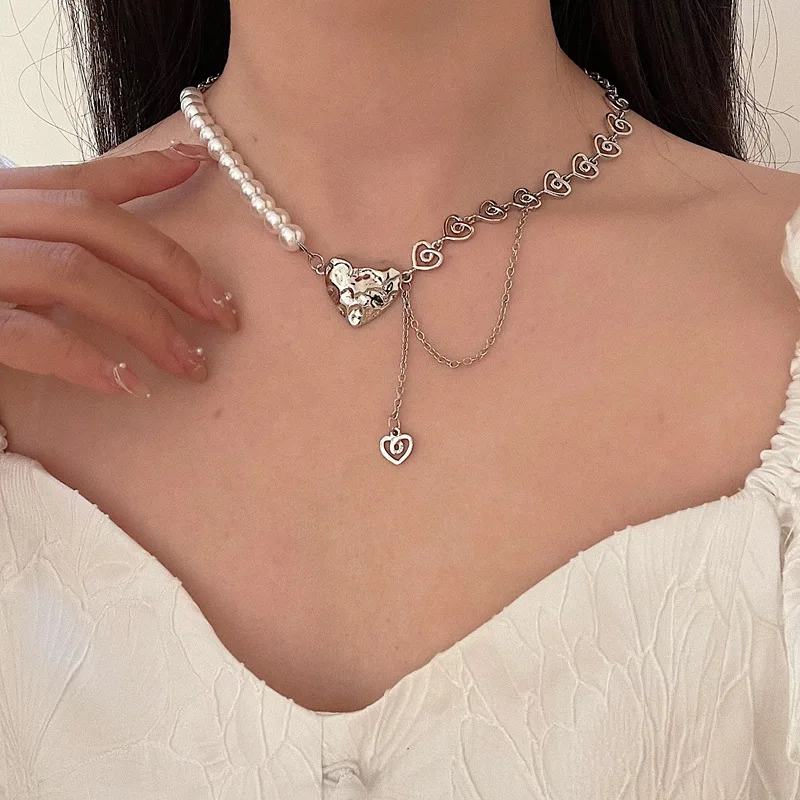 

Hip Hop Punk Half Pearl Titanium Steel Chain Necklace Personality Irregular Hollow Carved Love Heart Pendent Necklace, Silver
