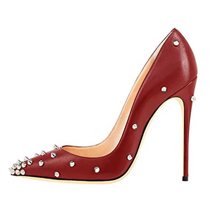 

Metal Rivets Ornament Solid Low Cut Slip-on High Thin Heel Women Dress Shoes Ladies Pointed Toe Dating Pumps Plus Size 43, Red,black,apricot,white