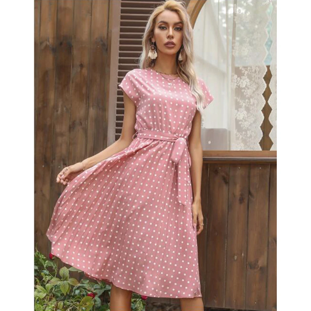 

Latest new design European American Medium -Length Polka - Dot Round Neck Short - Sleeved Tie ruffled Dress For Ladys, Picture shows