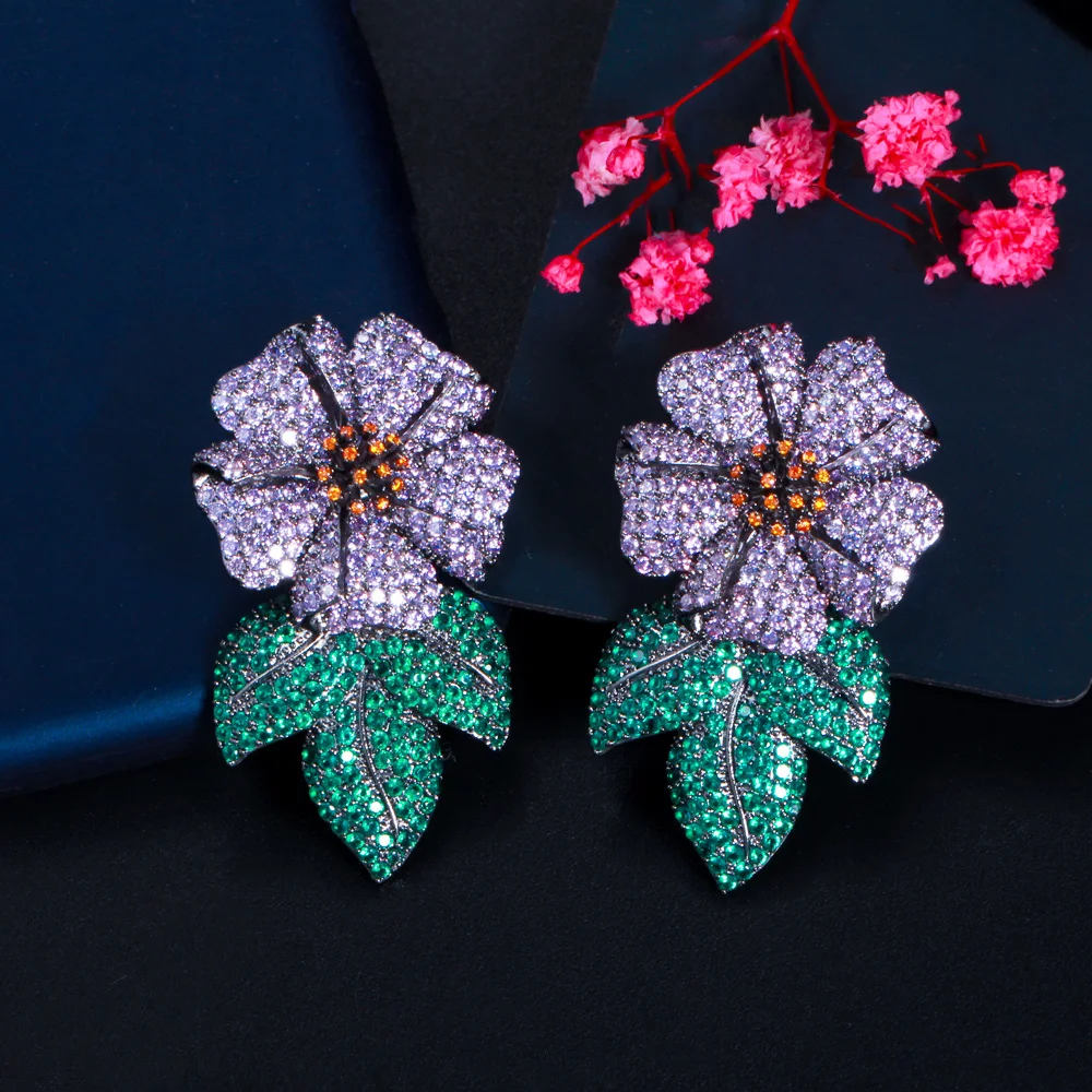 

Purple Green Cubic Zirconia Leaf Flower Long Big Luxury Statement Drop Earring for Women Wedding Bridal Jewelry