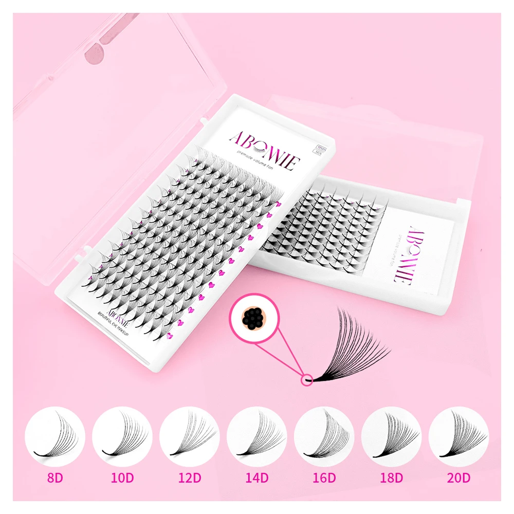 

Abonnie Wholesale Pre Made 3D 0.07 Volume Lash Extension Supplies Handmade Heat Bonded Pointy Base Premade Fans Eyelash