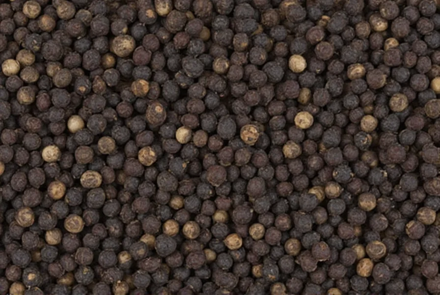 Close-up view of black pepper 16 mesh particles next to a ruler showing precise measurement of 1.19mm diameter