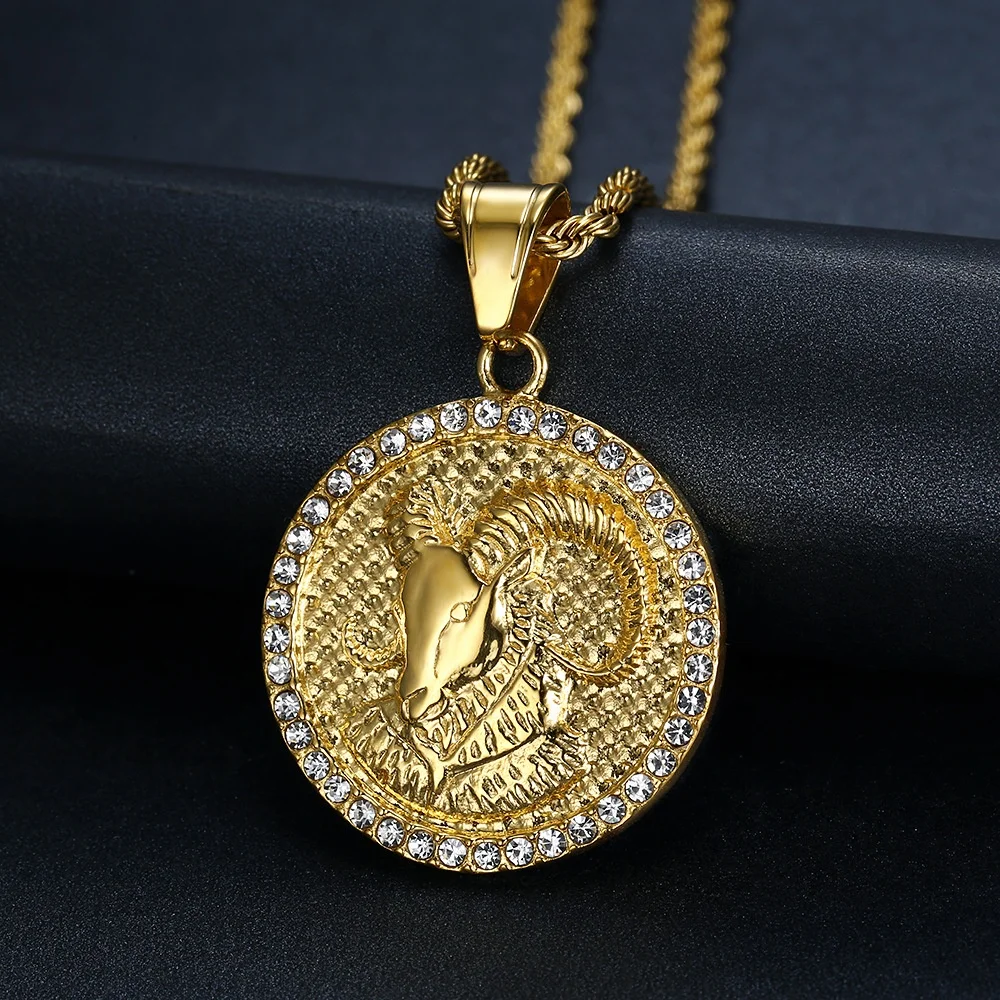 

MECYLIFE 2020 Fashion Stainless Steel Gold Plated Crystal Zodiac Pendant Hiphop Horoscope Zodiac Necklace