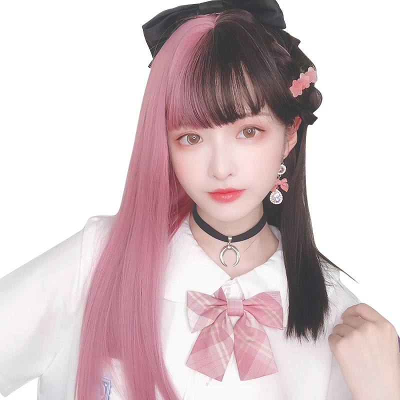 

Long Straight Lolita Berry Pink and Dark Brown Tow-color Harajuku Girls Daily Sweet Princess Cosplay Party COS Wig, Pic showed
