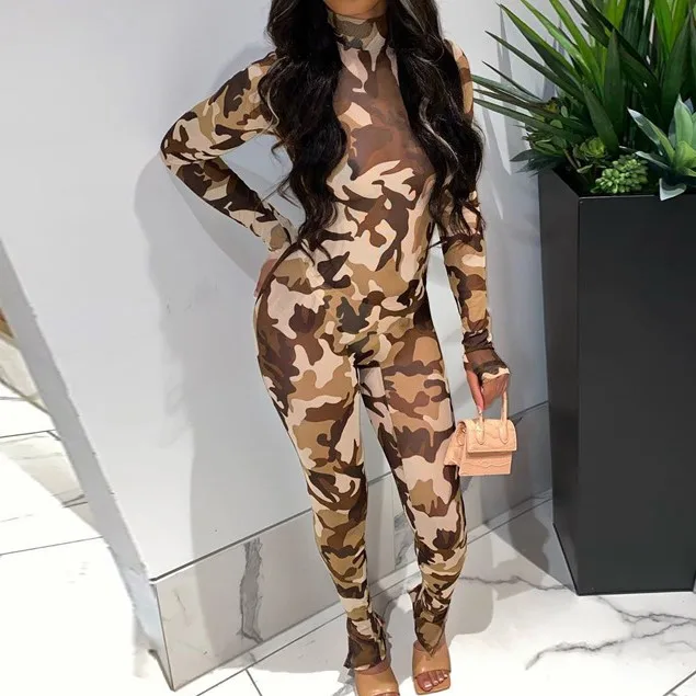 

X01060S Women's new camouflage print long slim sports jumpsuit, White red gray black pink coffee orange