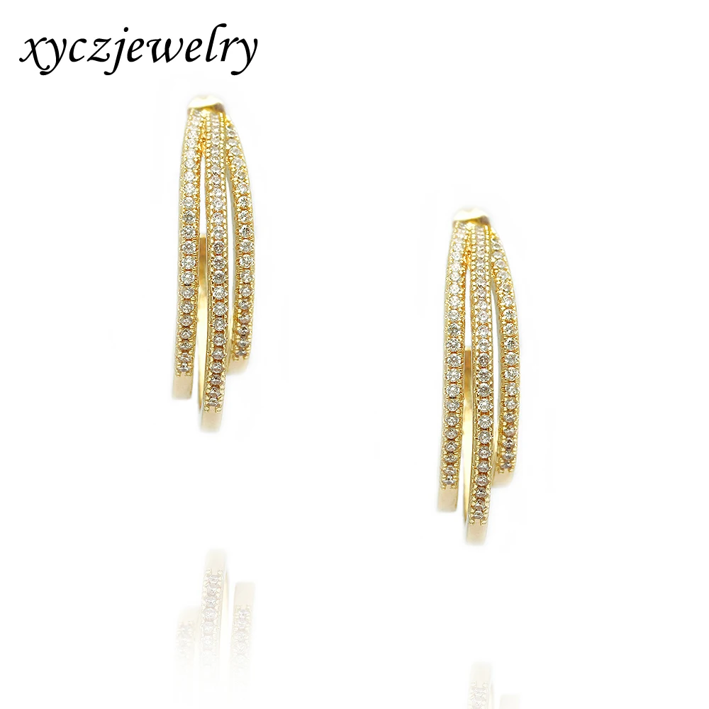 

Classic three-lines Copper Hoop Earrings Daily Party 18k Gold Stud Earrings