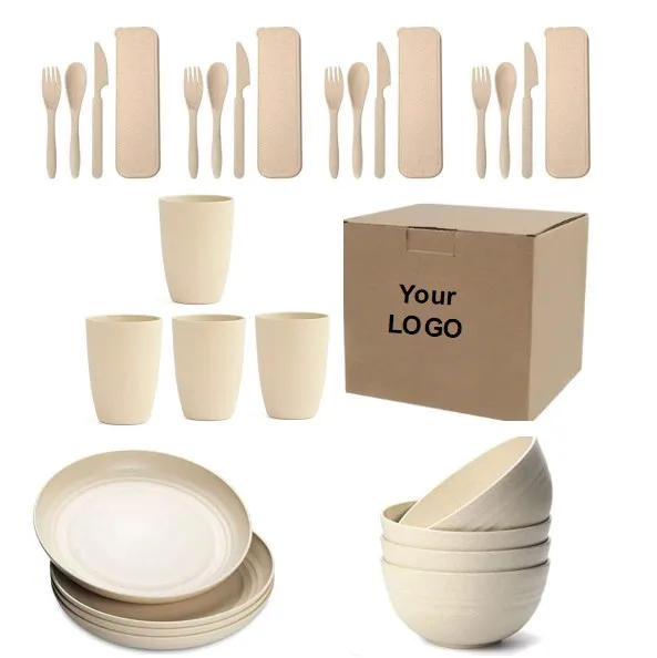 

High Quality Unbreakable Lightweight BPA Free Plastic Beige Wheat Straw Products Cutlery 28pcs Tableware Set For Camping Picnic