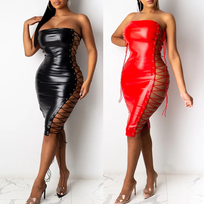 

ZM BSU2320 2021 Fashion Leather Clothes Sexy Strapless Dress Hollow Out Bandage Dress Club Dresses Sexy