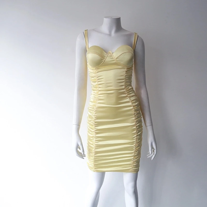 
2020 women Summer Hot Fashion Body Sexy Yellow solid party Dress Club bodycon mini dress 