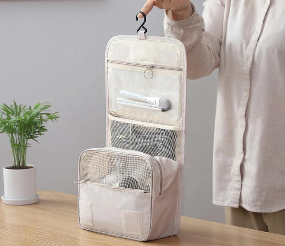 

Travel Jewelry Organizer and Cosmetic Bag for Women, Clear Pockets for Accessories and Toiletries, Hanging Hands Free Storage, Customized