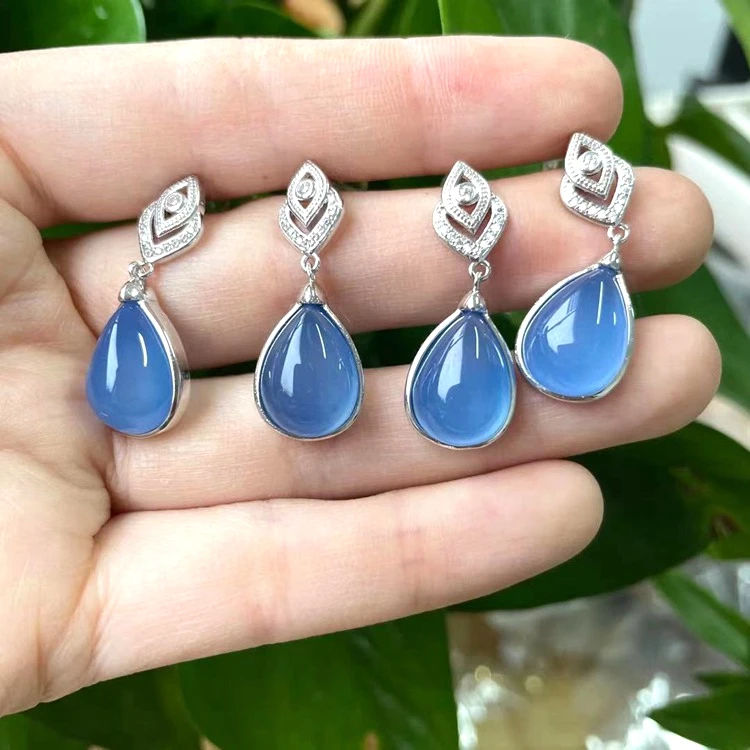 

New fashion gold-plated jewelry gemstone chalcedony design charm real jade agate pink ice clear blue teardrop earrings