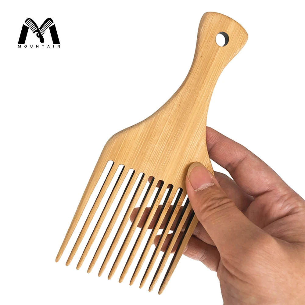 

Wholesale High Quality Custom Logo Eco-friendly Natural Bamboo Afro Pick Wide Tooth Detangling Hair Comb