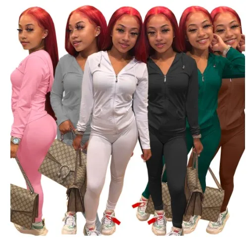 

New Solid Color Two Piece Casual Tracksuit Women Long Sleeve Hooded Autumn Women Sport Set