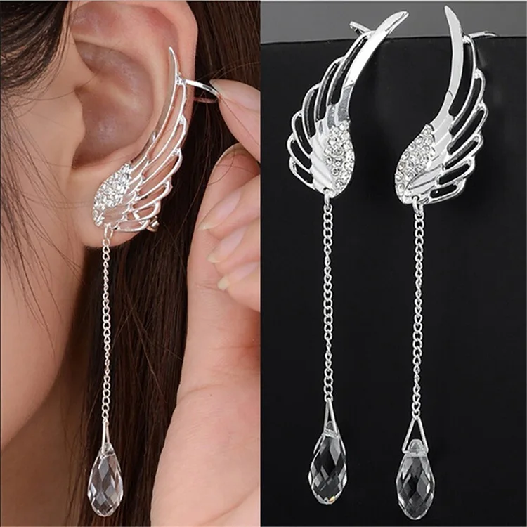 

2021 New Silver Plated Angel Wing Stylist Crystal Earrings Drop Dangle Ear Stud For Women Long Cuff Earring Bohemia Jewelry