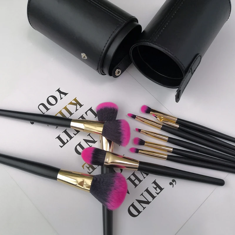 

new arrival best black leather bag makeup brushes 10 pcs vegan makeup brush set with box, As the picture