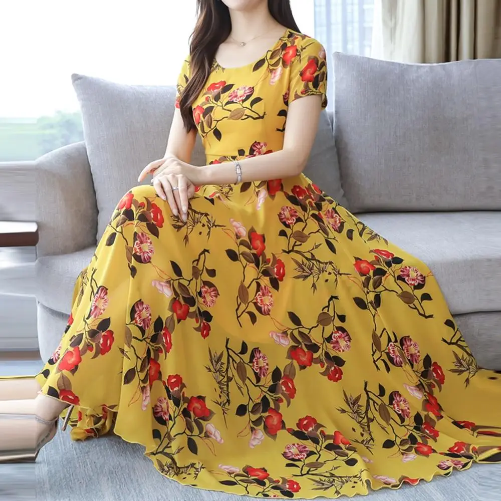 

2021 New Chiffon Dress Women Summer Short Sleeve Floral Print Boho Dress Slim Women Long Dress