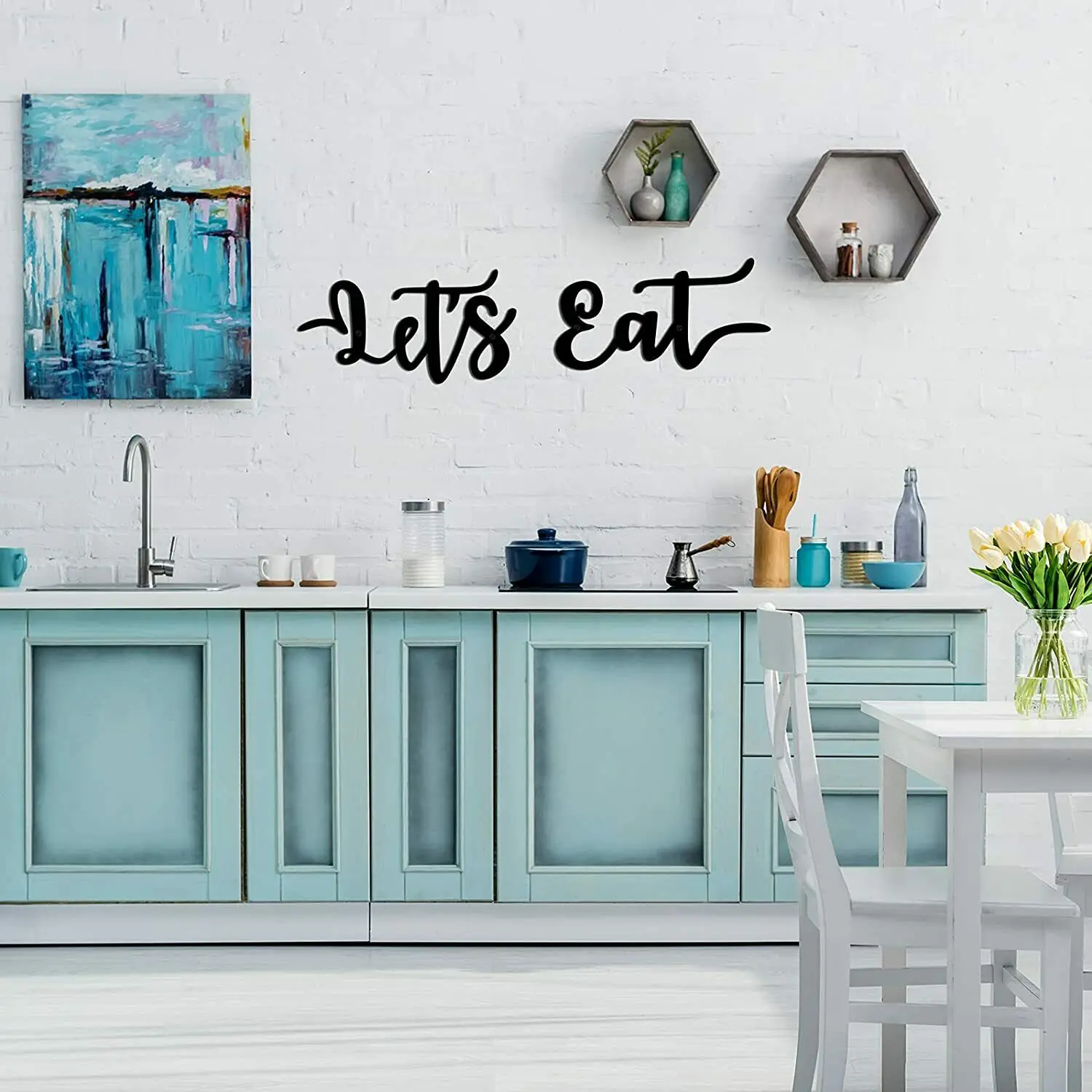 

Yinfa 2 Pieces Let's Eat Metal Sign, Cutout Kitchen Decor, Black