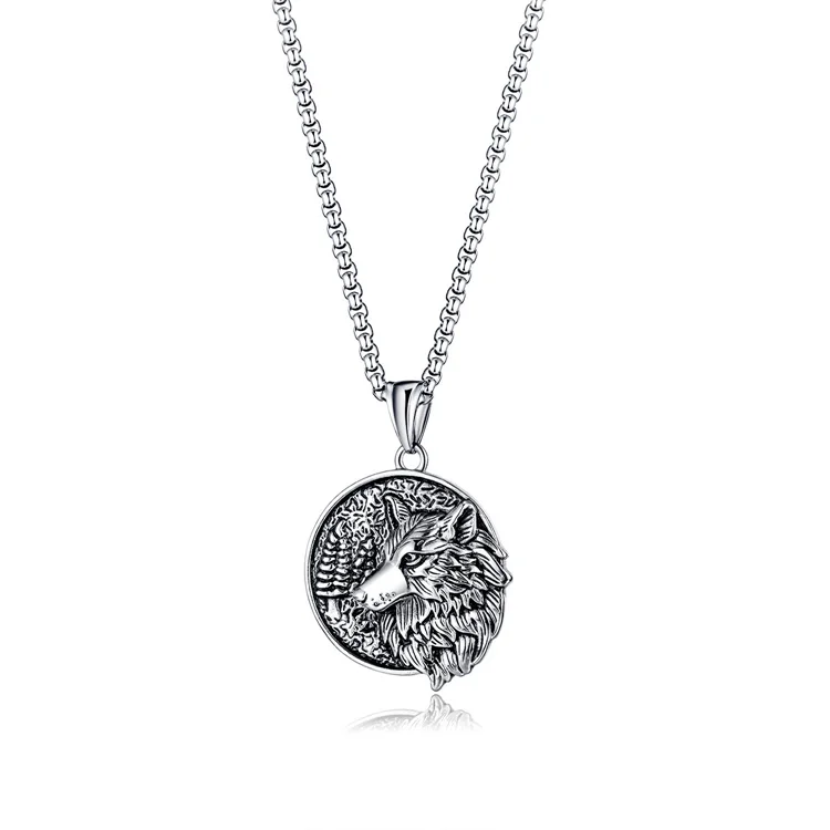 

Viking jewelry round charm necklace wolf head pendant necklace men