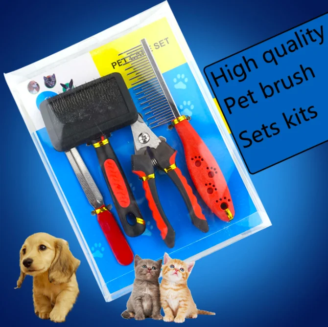 

4 PCS Pet Dog Cat Chien Hund Gato Grooming Comb Brush Kit Nail Clipper Set Accesorios Para Perro Mascotas Products Accessories, As pictures