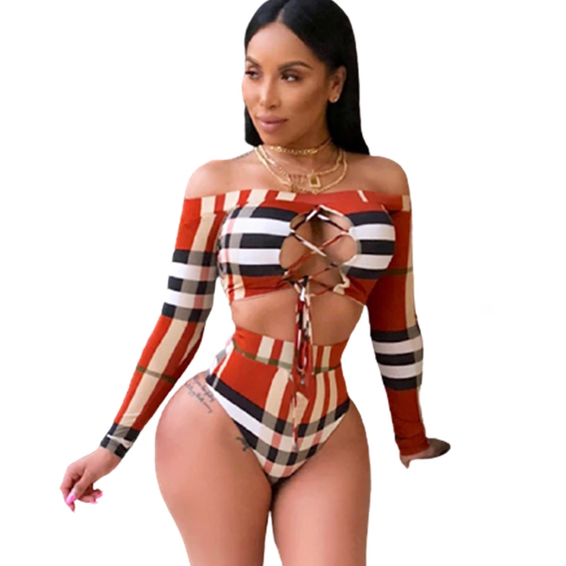 

New Design cut out high waist bikini sexy long sleeve surfwear classic grid swimwear European and American Amazon swimsuit