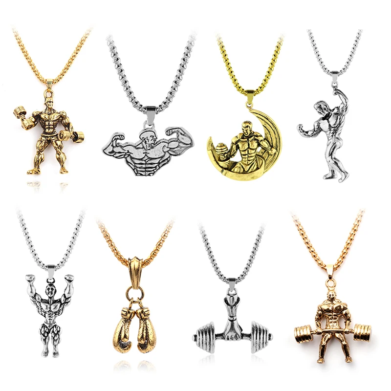 

Gothic Fitness Strong Man Necklace Bodybuilding Dumbbell Football Barbell Gym Necklace Men's Barbell Sports Pendant Jewelry