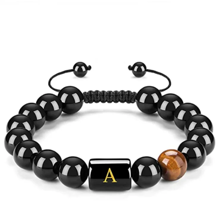 

Hot Sales 10MM Natural Black Agat Brown Tiger Eye Beads 26 English Letters Weave Wax Cord Adjustable Bracelet, Colorful