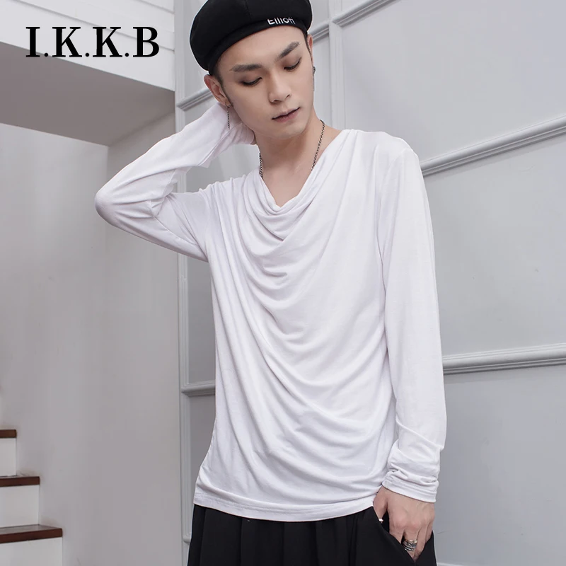 

Spring and summer Korean new handsome fashion men's fashion popular leisure pile collar pleated bottomed long sleeve T-shirt