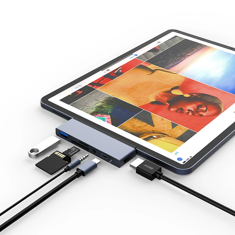 

High Quality 6 In 1 Usb 3.0 Type C To Sd Tf Card Reader 4K@30Hz Usb3.0 Hub With Type C Power Supply For Macbook/, Gray