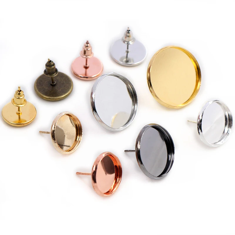 

8 Colors Plated High Quality Stainless Iron Earring Studs(with Ear plug) Base,Fit 6-20mm Glass Cabochons, Multi-colors