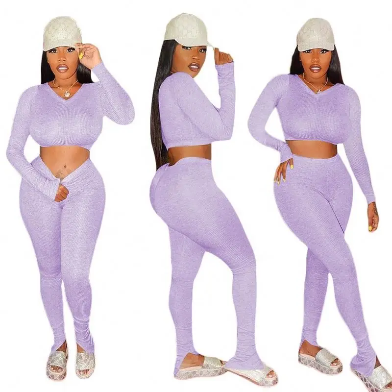 

2021 new arrivals fashion Long sleeve leaky navel top two piece set for women high waist suit