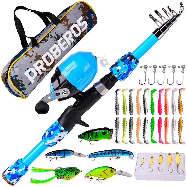 

Amazon Hot Selling Portable Telescopic Kids Fish Pole Fishing Rod and Reel Combo Kit with Spincast Wheel and Tackle Box, Blue, green