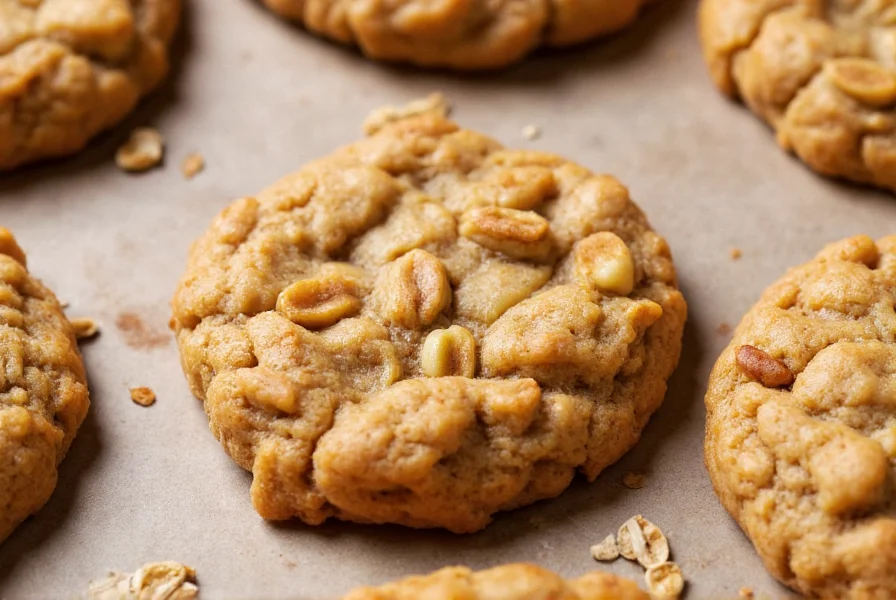 Close-up of golden brown apple cinnamon oatmeal cookies with visible oats and apple pieces on baking sheet