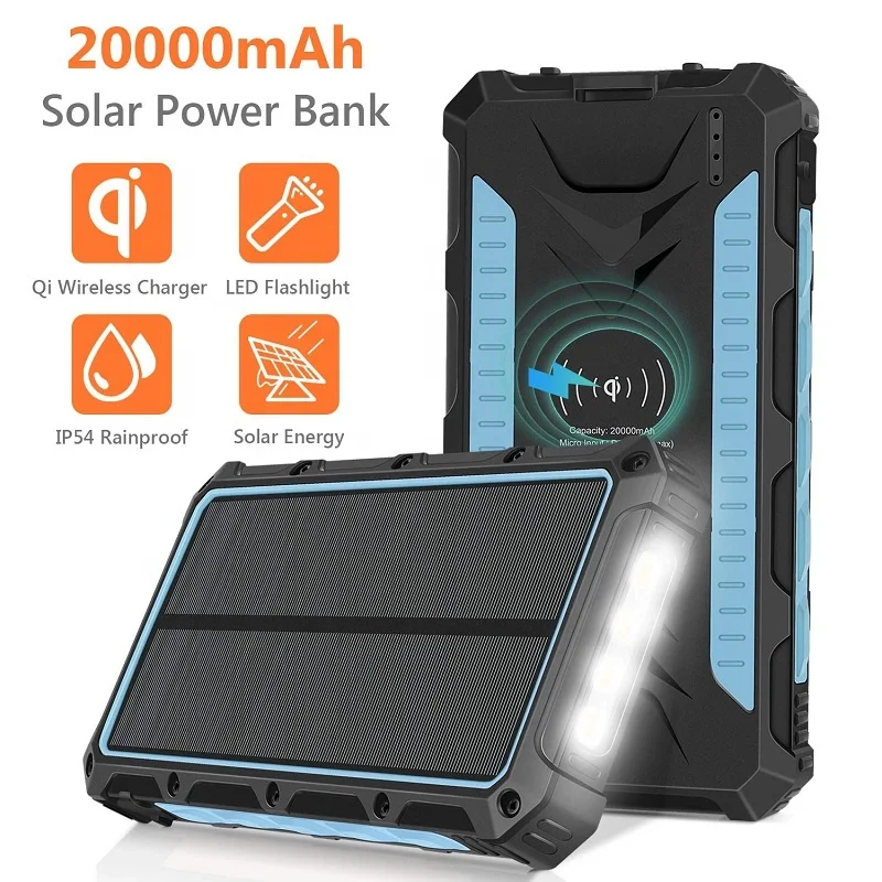 

Solar Charger 20000mAh Qi Wireless Portable Solar Power Bank Rainproof External Backup Battery Pack with LED Flashlight, Full black,black+red,black+orange
